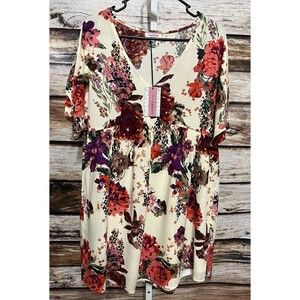 ANDREE By Unit Women’s Floral Tunic Top Size Large New V Neck Red Cream